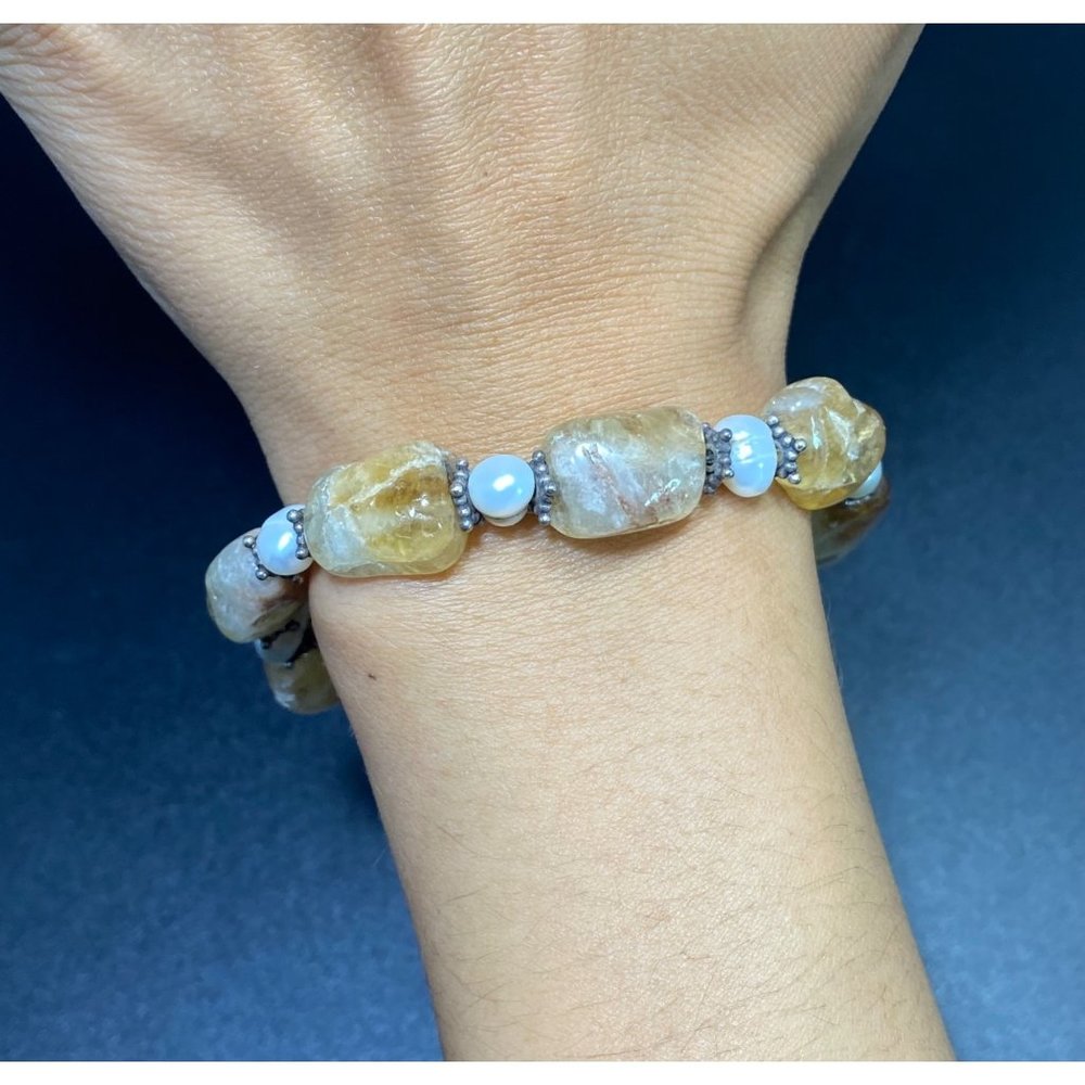 925 Lemon Quartz and Pearl Bracelet Beaded Toggle Fine Gemstone 8 1/4 inches
